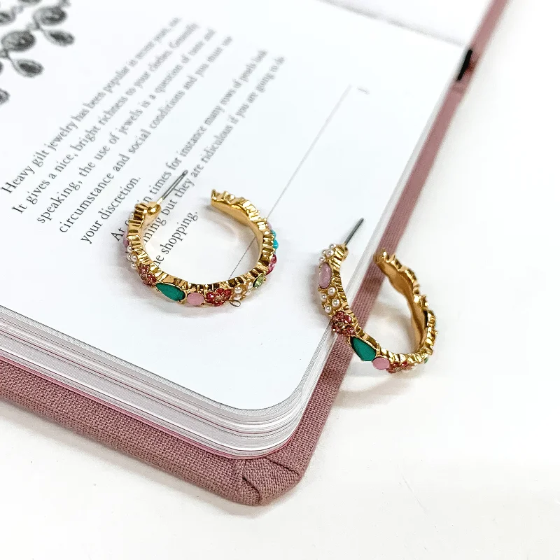 Women’s fashion stud earrings-Gold Tone Hoop Earrings with Multicolor Crystals