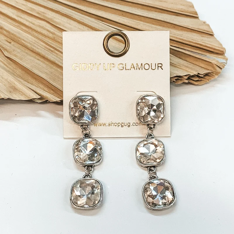 Women’s pearl drop earrings-Clear Cushion Cut Crystal Drop Earrings in Silver