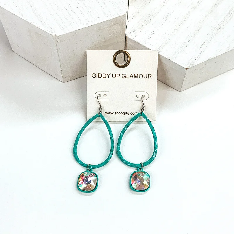 Women’s silver earrings-Small Hammered Teardrop Earrings with AB Hanging Crystal in Turquoise