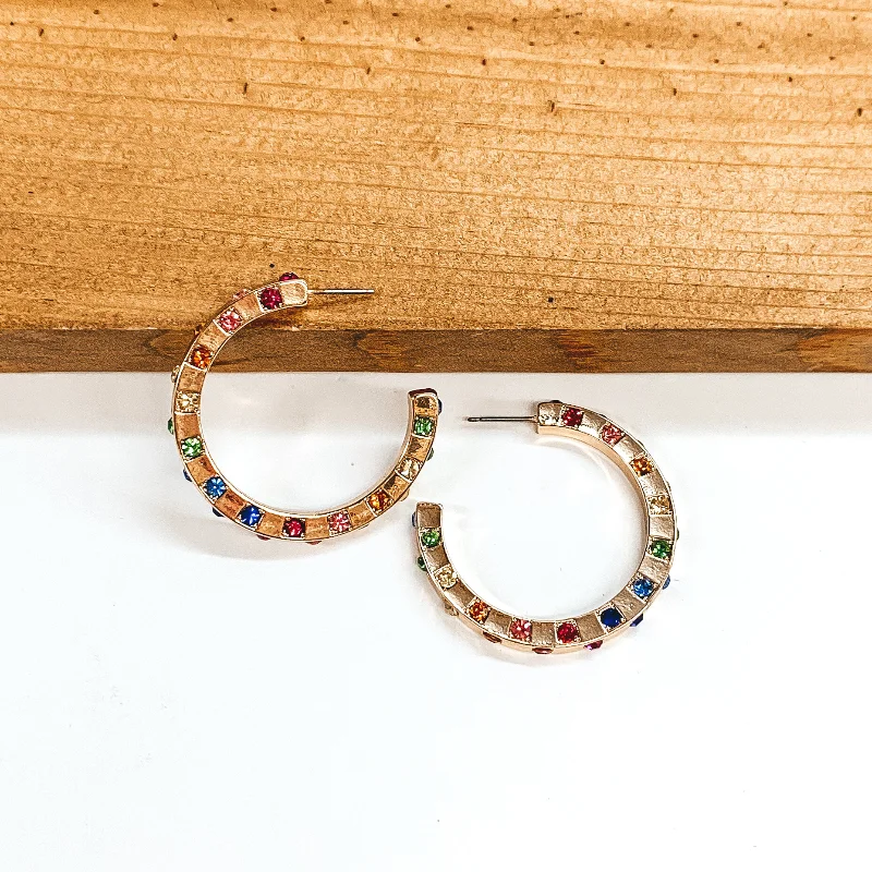 Women’s pearl stud earrings-Hoop Earrings with Multicolored Crystals in Gold