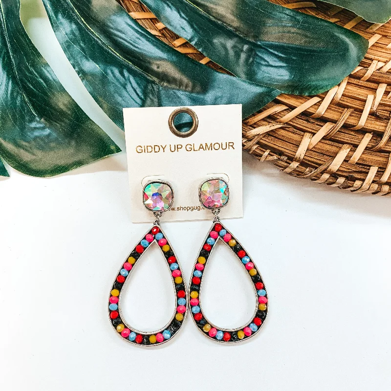 Women’s small hoop earrings-Glass Beaded Teardrop Post Earrings with AB Crystal in Multi