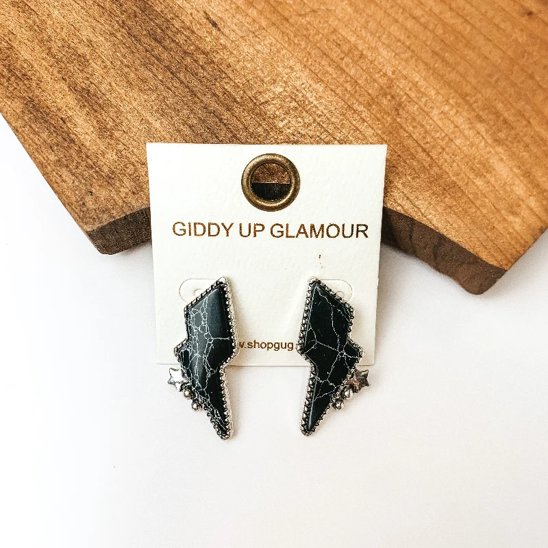 Women’s dangly earrings-Driving Down Lightning Bolt Stone Post Earrings in Black with Silver Detailing