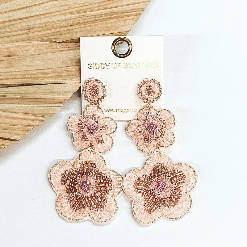 Women’s luxury pearl earrings-Beaded Two Tiered Flower Earrings in Light Pink