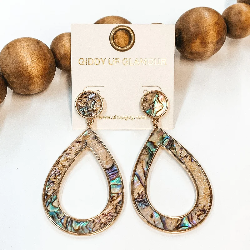 Women’s minimalist gold earrings-Abalone Shell Teardrop Hoop Earrings with Gold Accents