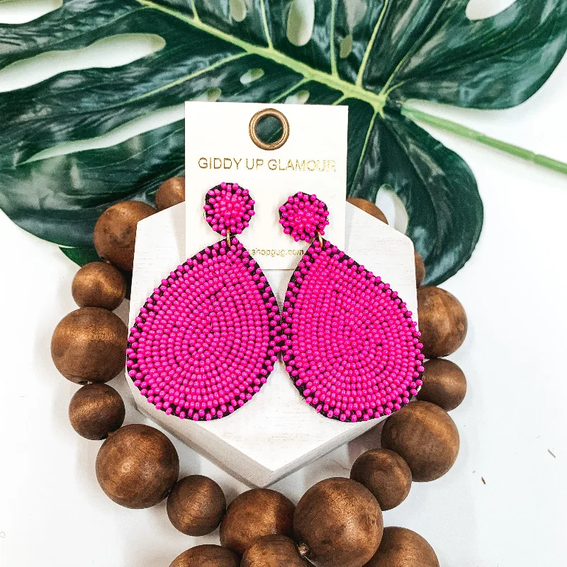 Women’s spiral earrings-Crystal Beaded Circle Post Earrings with Large Teardrop Dangle in Fuchsia