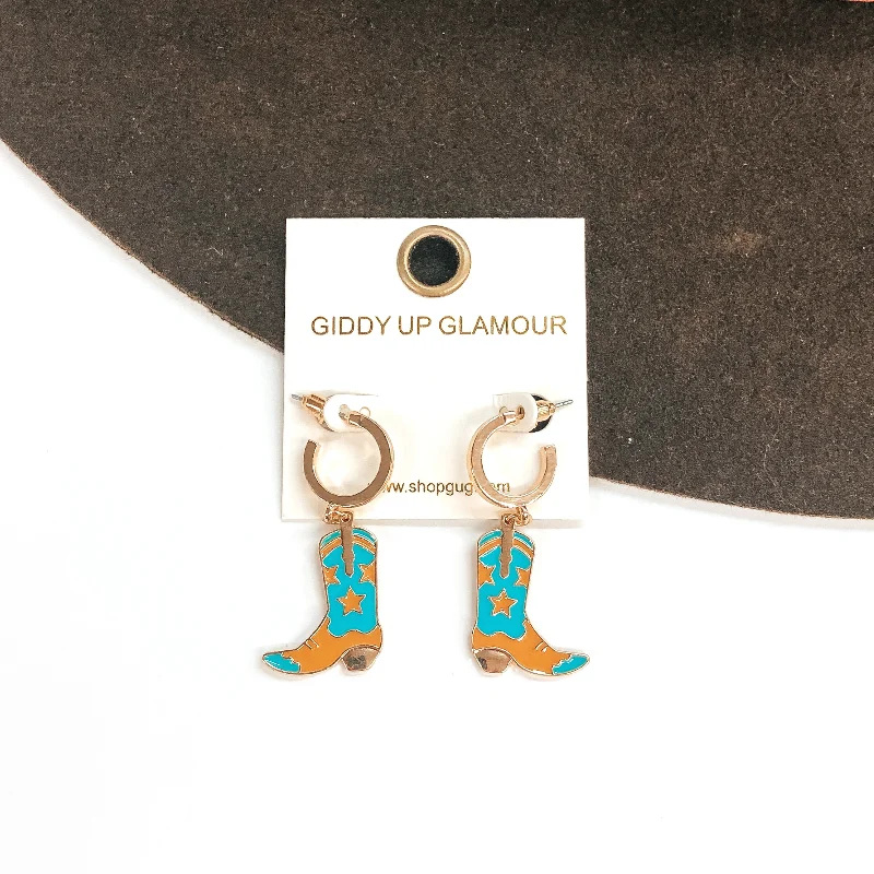 Women’s custom earrings-Gold Tone Hoop Huggie Earrings with Hanging Boot Pendant in Turquoise