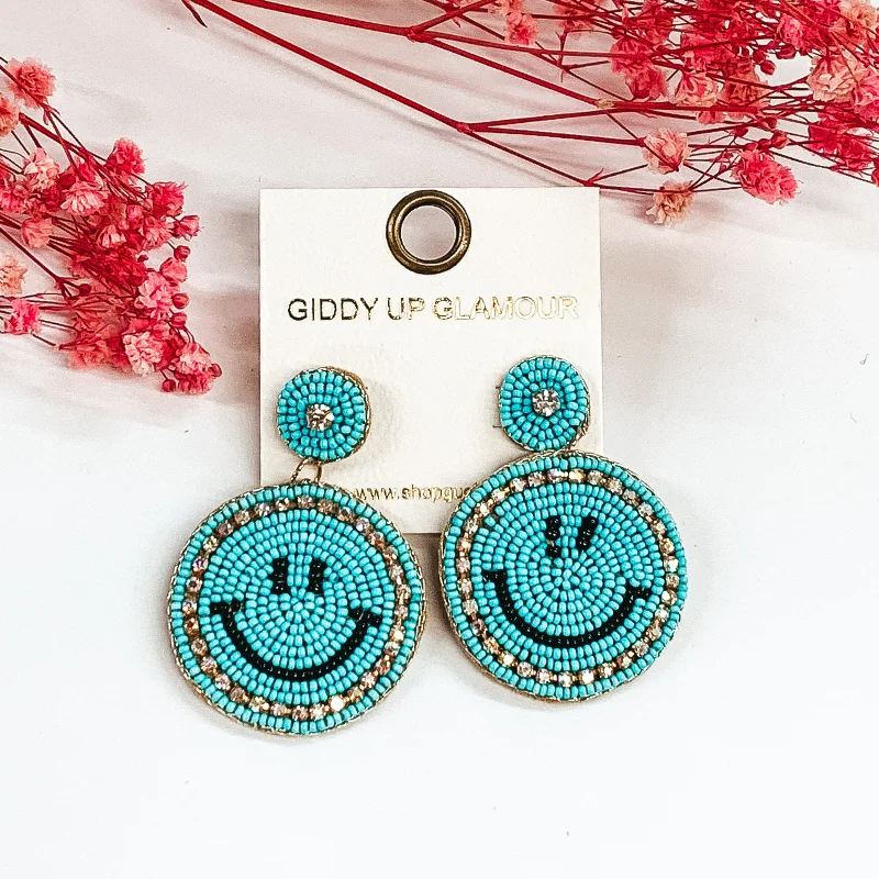 Women’s sparkling earrings-Beaded Happy Face Circle Drop Earrings with Crystal Outline in Aqua