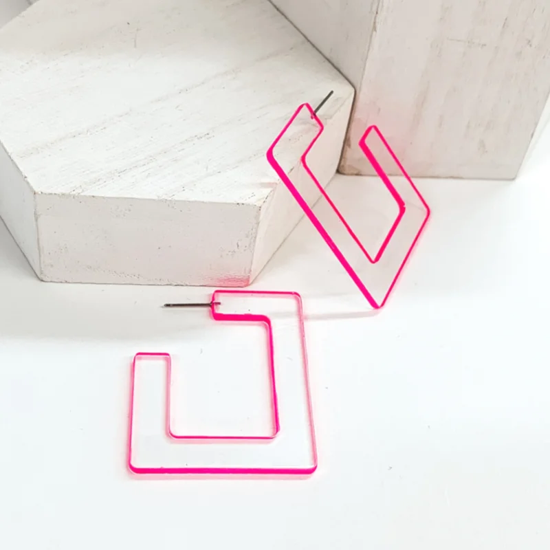 Women’s long dangly earrings-Clear Acrylic Square Hoop Earrings with Neon Pink Trim