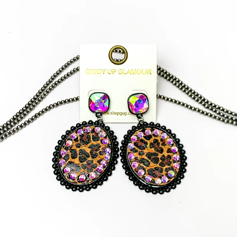 Women’s modern earrings-AB Crystal Post Black Oval Earrings with Leopard Print Inlay and AB Crystal Outline