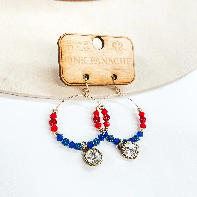 Women’s long earrings-Pink Panache | Gold Hoop Earrings with Red, White, and Blue Crystalized Beads with Hanging Clear Crystal