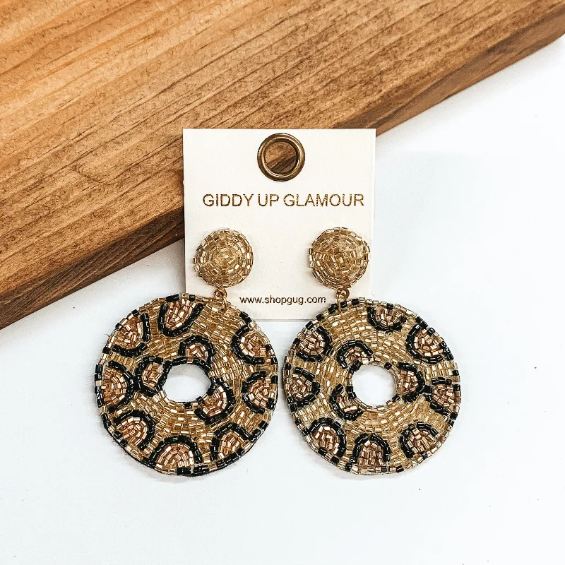 Women’s boho earrings-Seed Beaded Leopard Print Circle Drop Earrings in Gold