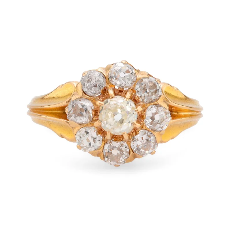 Women’s engagement rings-Victorian French diamond 18k yellow gold cluster ring