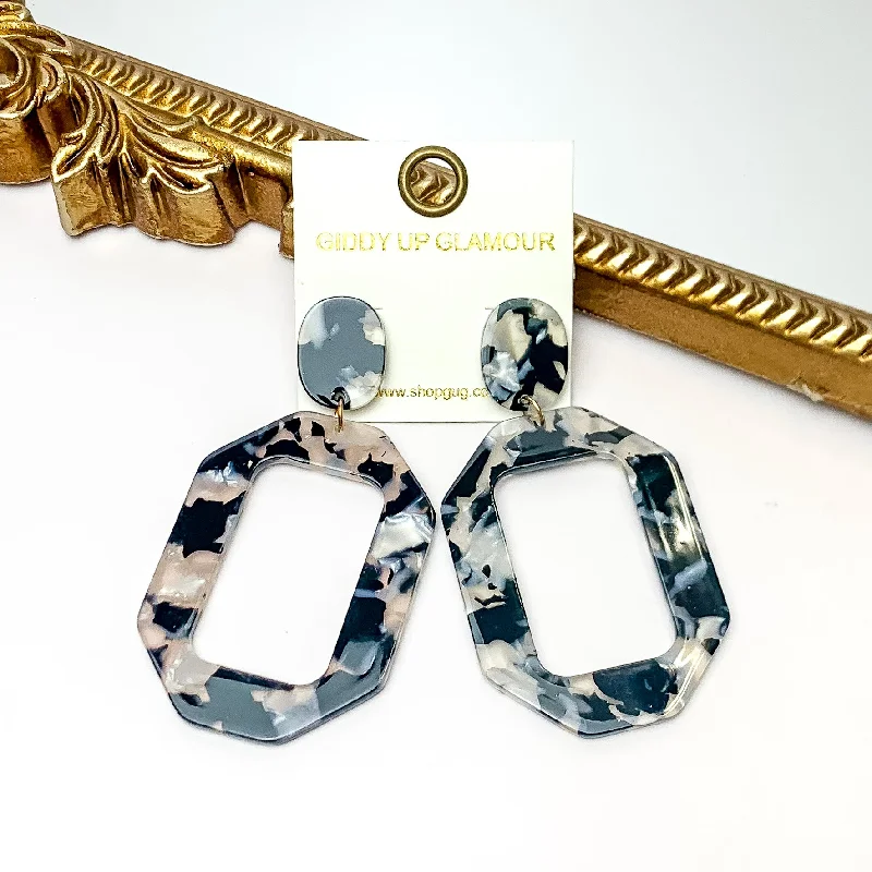 Women’s modern drop earrings-Malibu Marble Open Rectangle Earrings in Black