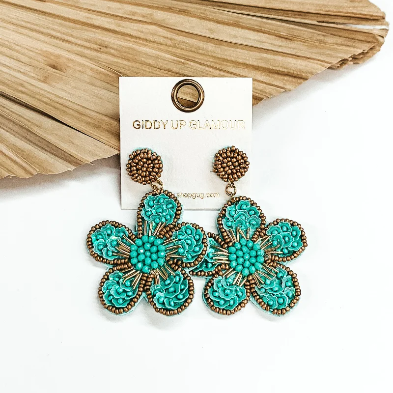 Women’s gold dangly earrings-Beaded Flower Earrings in Turquoise