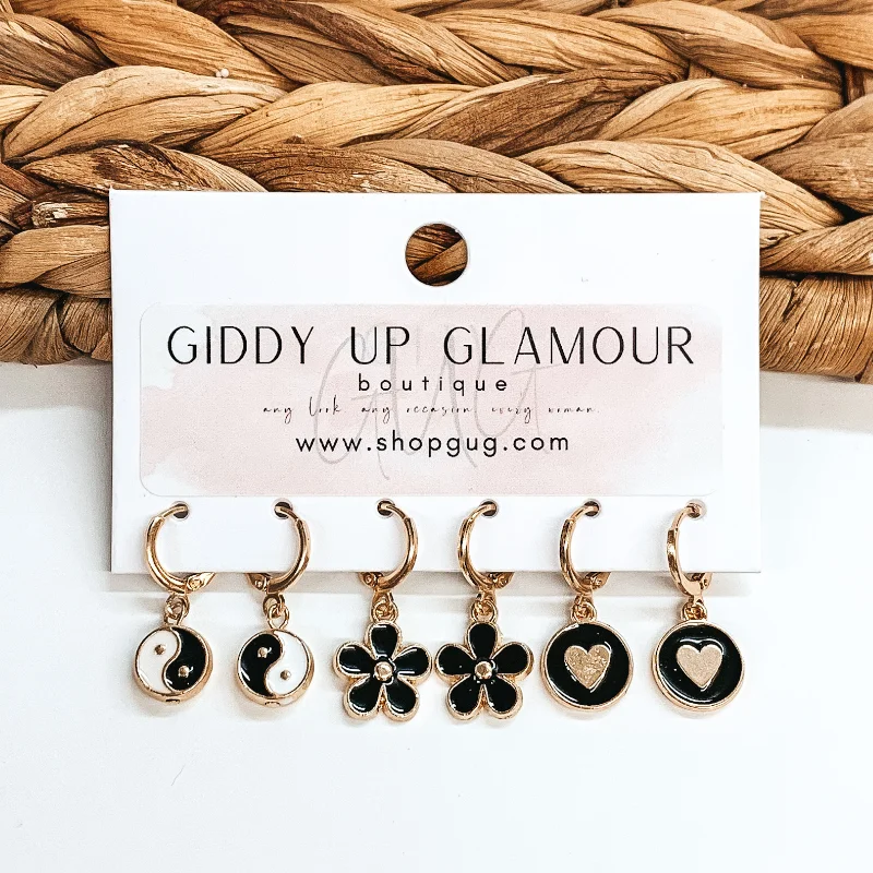 Women’s fine earrings-Gold Tone Hoop Huggie Earring Set with Black Groovy Charms