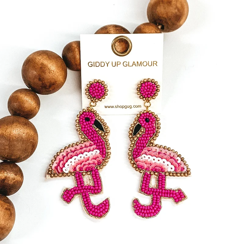 Women’s vintage diamond earrings-Beaded Flamingo Earrings with Gold Outline in Fuchsia