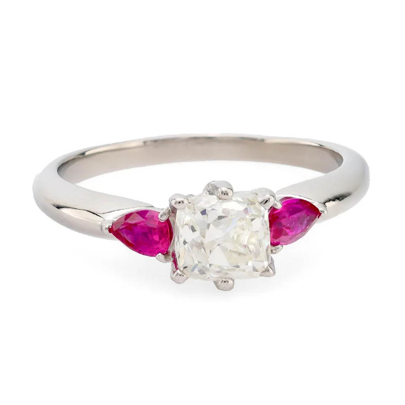 Women’s flower rings-Vintage platinum diamond ruby ring