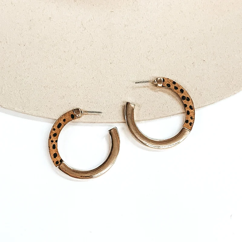 Women’s modern drop earrings-Gold Flat Hoop Earrings with Half Black Cheetah Print in Tan