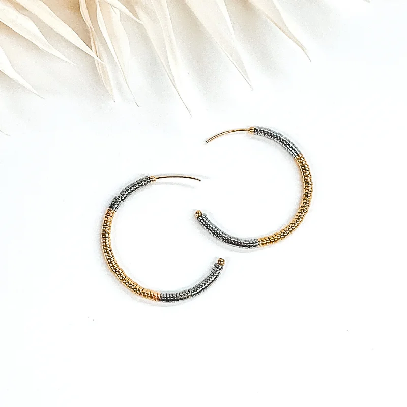 Women’s hoop earrings with crystals-Metal Disk Beaded Hoop Earrings in Gold/Silver