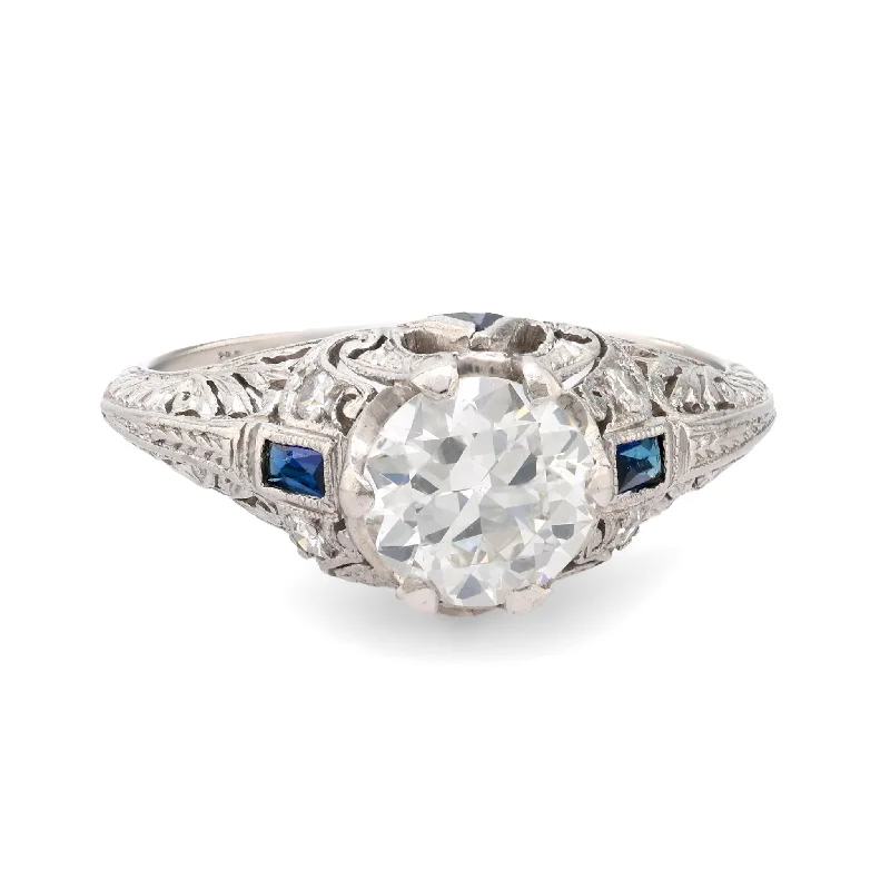 Women’s silver rings-Art Deco EGL 1.04 carat diamond sapphire platinum ring