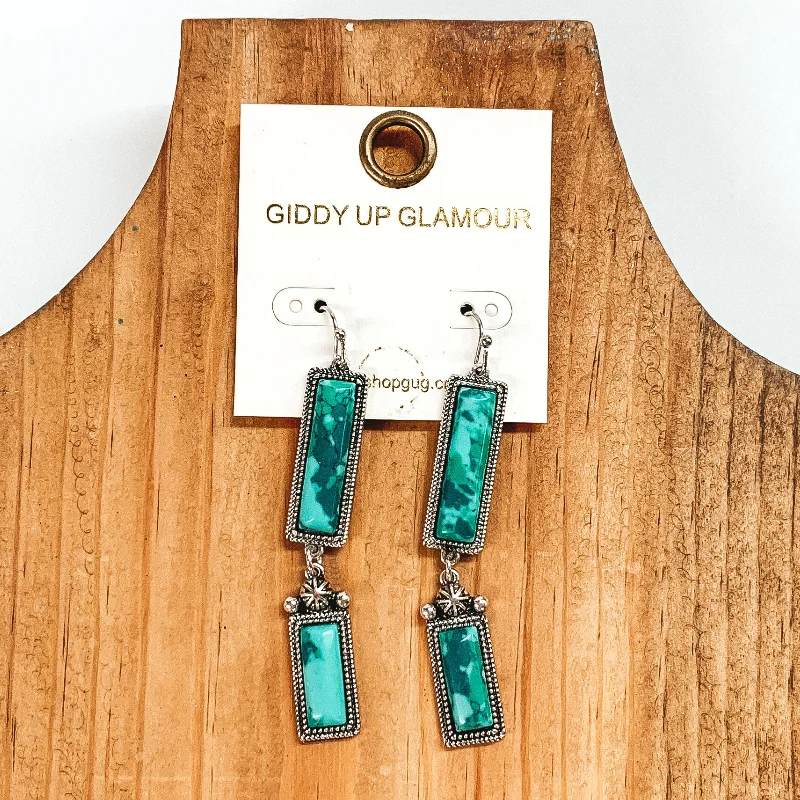 Women’s minimalist gold earrings-Two Rectangle Drop Earrings with Faux Green Stones in Silver Tone