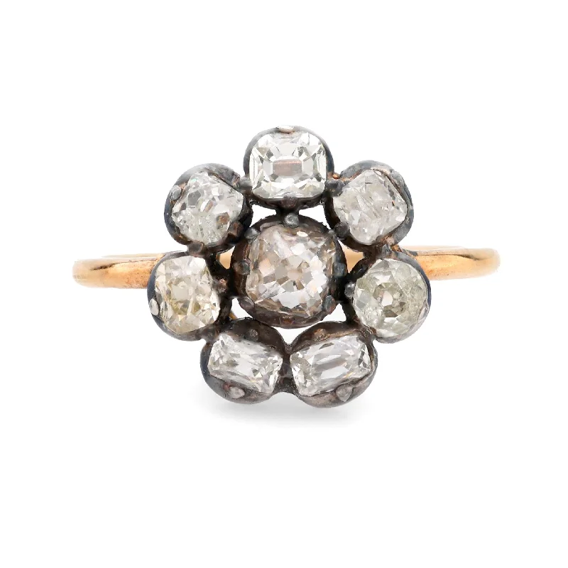 Women’s stylish rings-Georgian 2 carat total weight diamond 18k yellow gold silver cluster ring