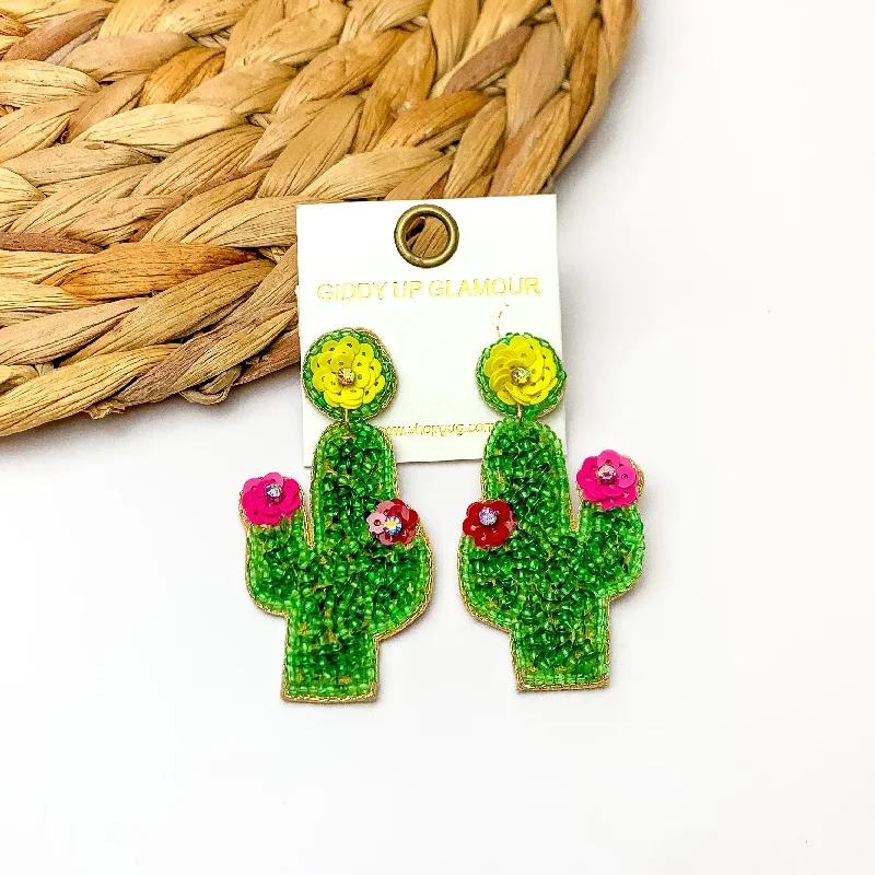 Women’s flower stud earrings-Beaded Cactus Earrings With Multicolor Flowers in Green