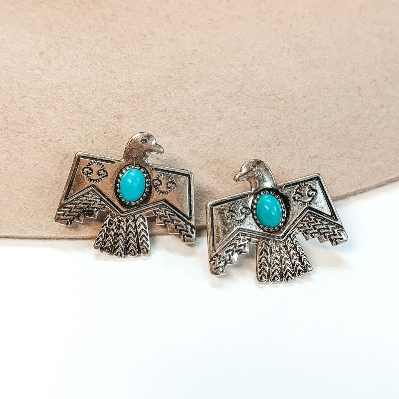 Women’s rose gold stud earrings-Thunderbird Post Back Earrings with Turquoise Stone in Silver