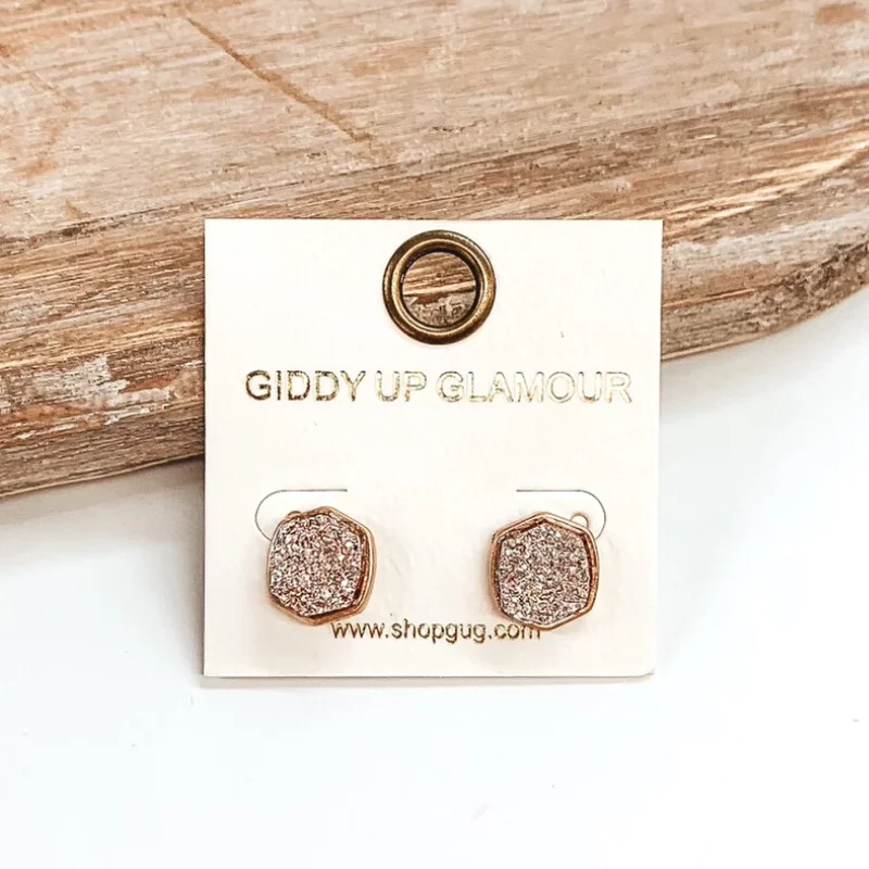 Women’s silver hoop earrings-Druzy Hexagon Post Earrings in Rose Gold