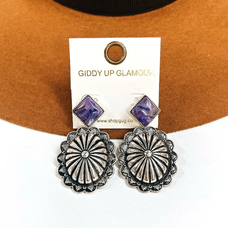 Women’s fashionable earrings-Moonstruck Silver Tone Concho Drop Earrings with Agate Stone Post in Purple