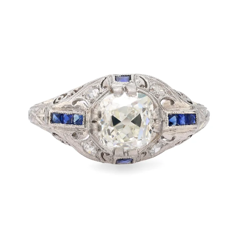 Women’s cocktail rings-Art Deco GIA 1.14 carat old mine cut diamond sapphire platinum ring