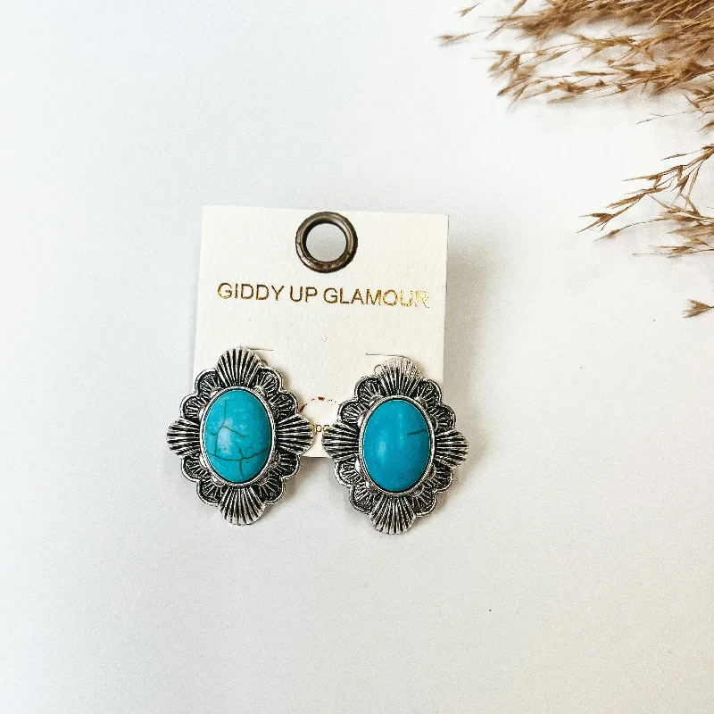 Women’s custom earrings-Western Silver Tone Post Back earrings with Oval Turquoise Stone