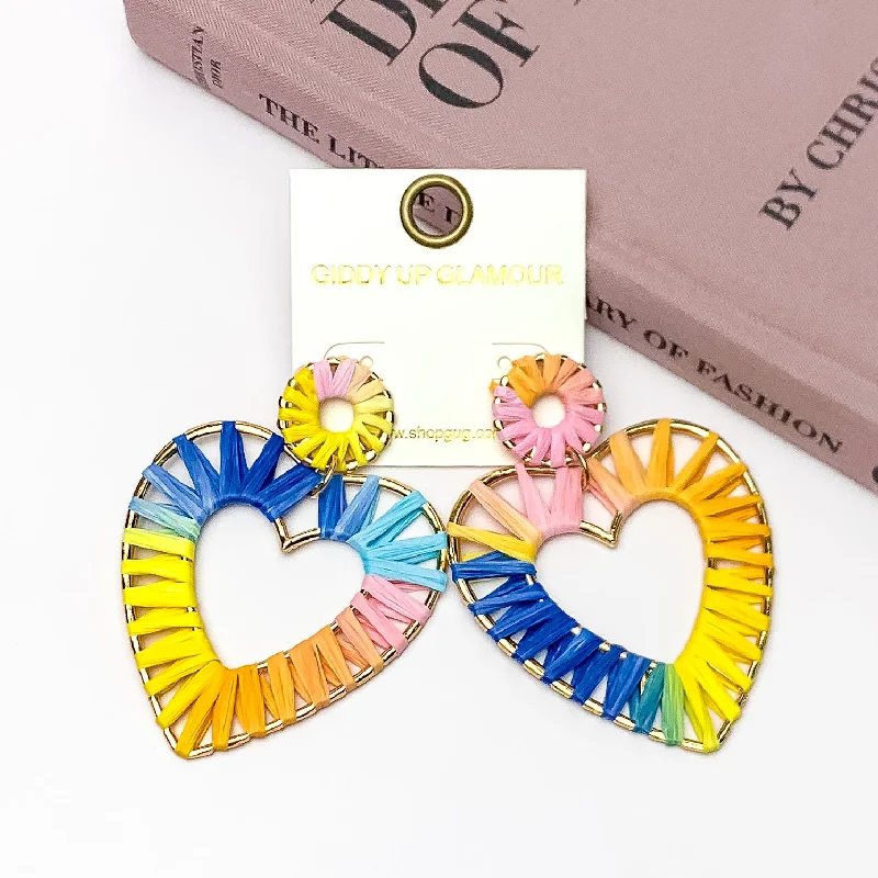 Women’s long earrings-Rainbow Sunshine Raffia Wrapped Open Heart Earrings in Multicolor