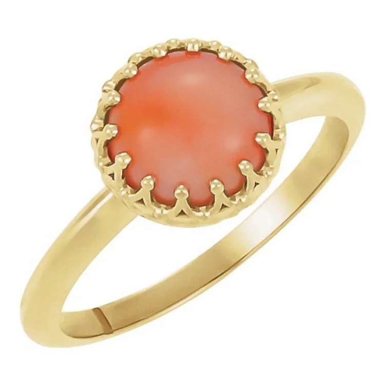 14K Yellow 5 mm Natural Pink Coral Crown Cabochon Ring