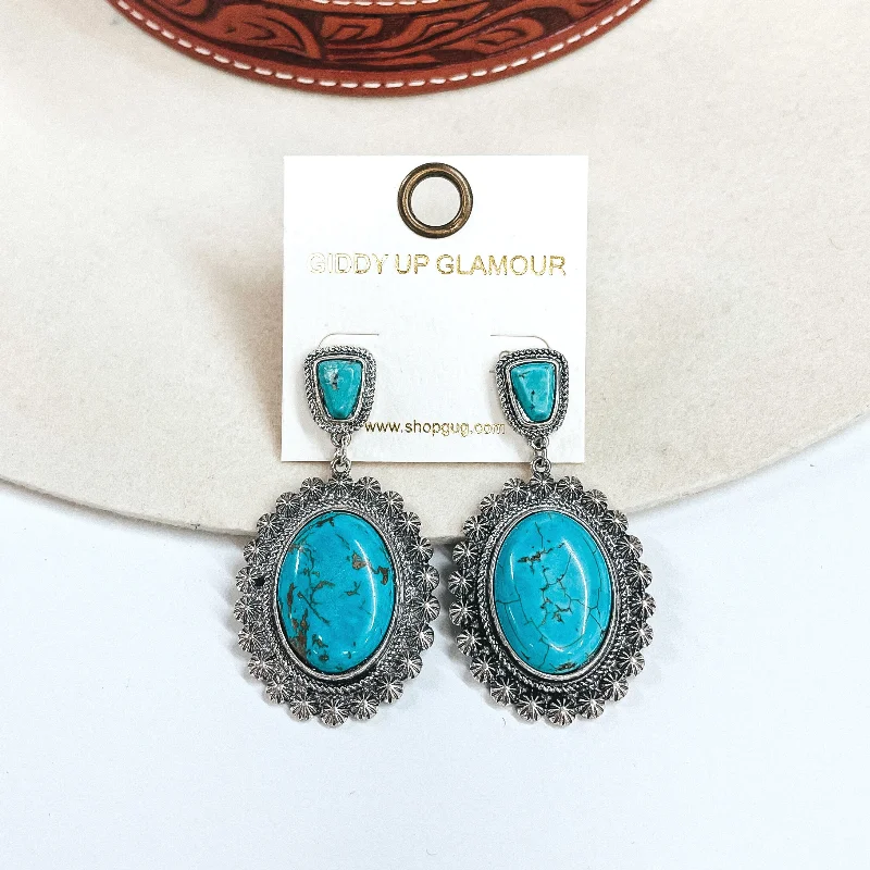 Women’s infinity earrings-Well Loved Silver Western Post Earrings with Oval Stone Drop in Turquoise