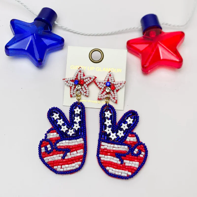 Women’s star-shaped earrings-Peace Sign Beaded USA Themed Earrings