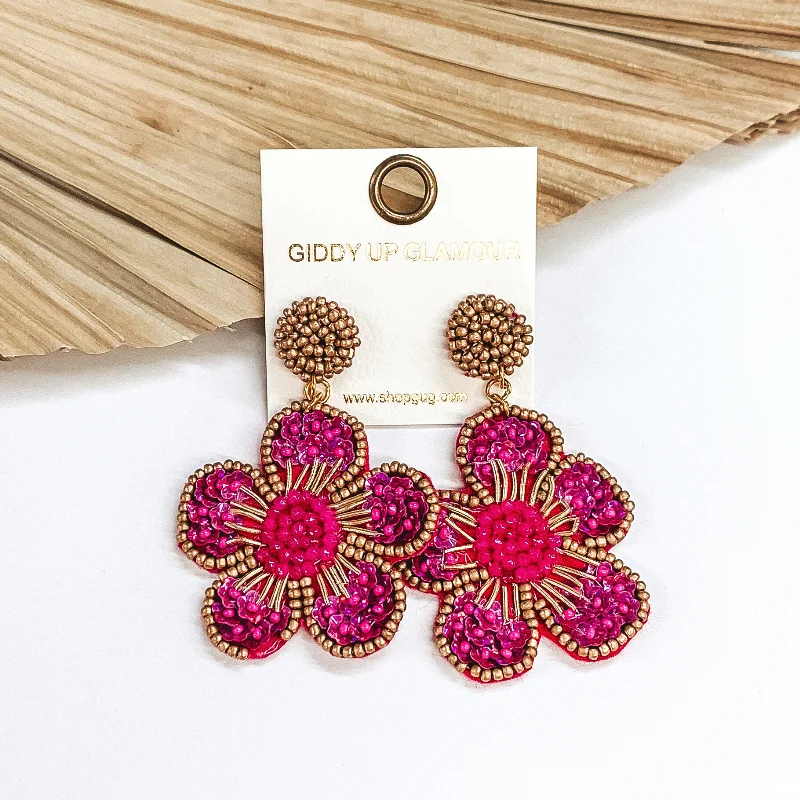 Women’s floral earrings-Beaded Flower Earrings in Fuchsia