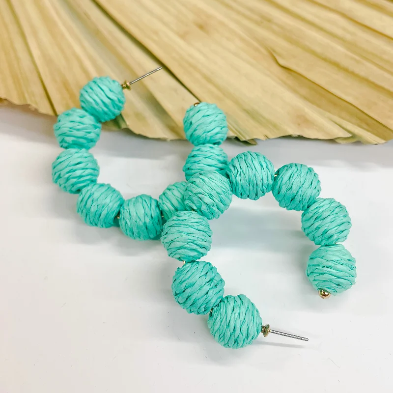 Women’s pearl drop earrings-Raffia Ball Hoop Earrings in Turquoise