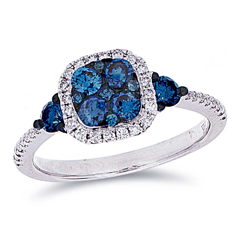 Women’s stackable rings-Blue Diamond Square Cluster Halo Ring with accent Blue Diamonds