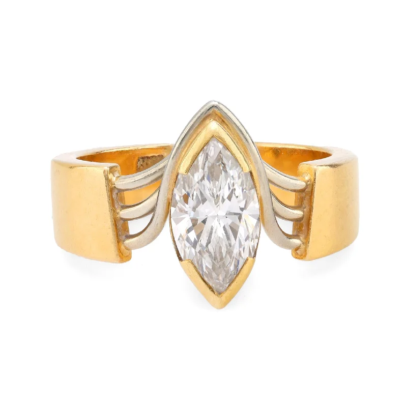 Women’s floral gemstone rings-Vintage 1 carat marquise cut diamond 18k gold solitaire ring