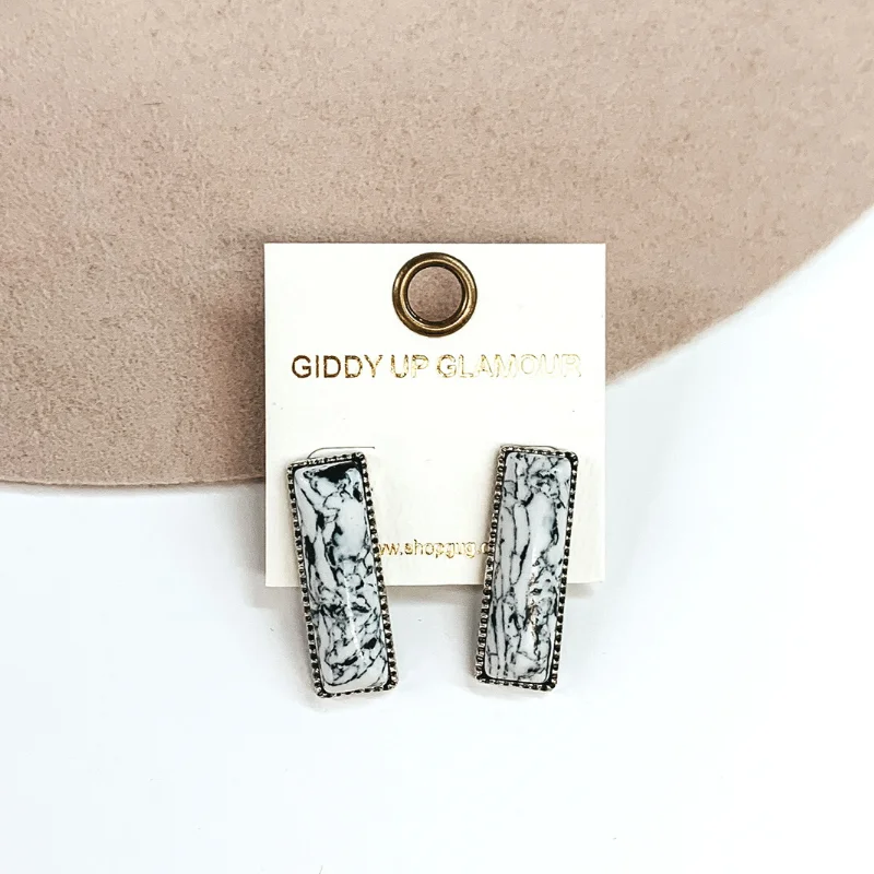 Women’s unique earrings-Medium Rectangle Faux Stone Silver Tone Earrings in White