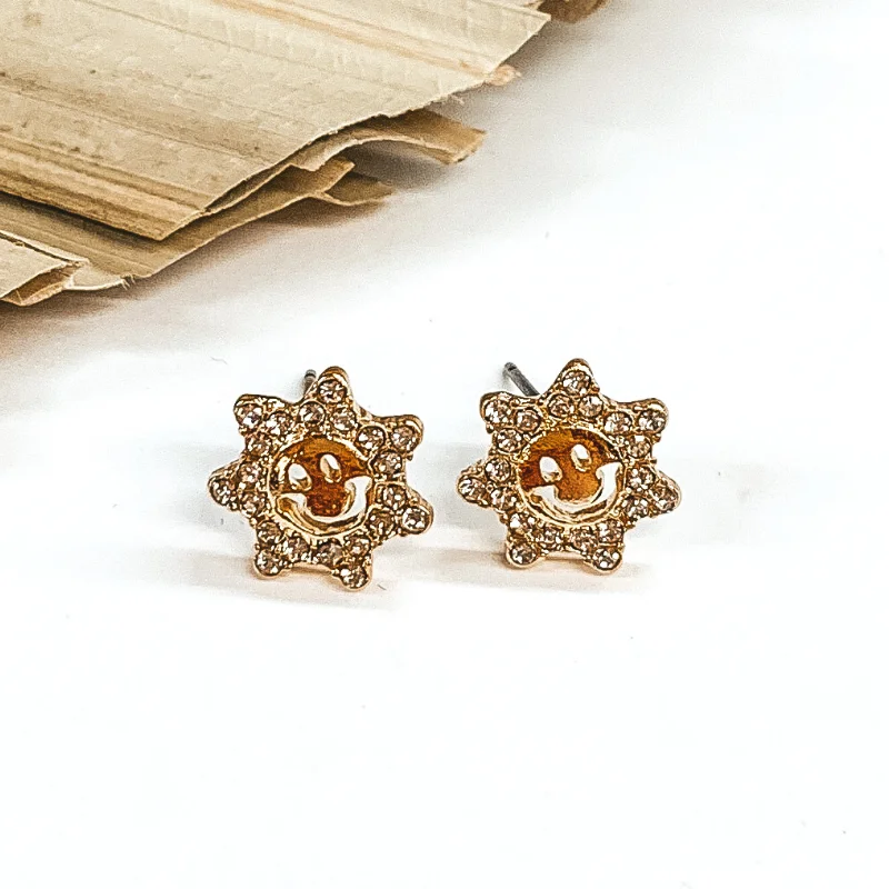 Women’s star-shaped earrings-Sun Shaped Happy Face Earrings with Clear Crystals in Gold