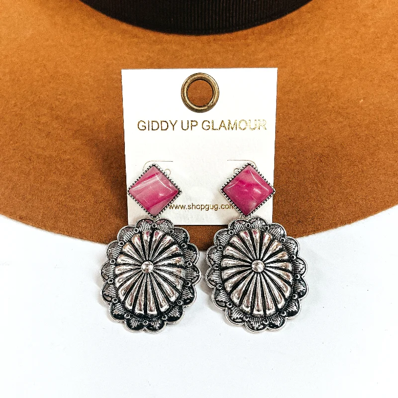 Women’s unique earrings-Moonstruck Silver Tone Concho Drop Earrings with Agate Stone Post in Pink