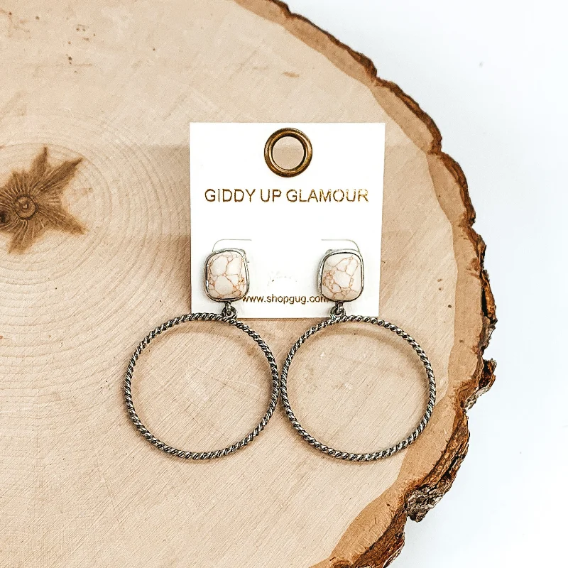 Women’s sparkling diamond earrings-Soulful Look Circle Drop and Stone Post Silver Earrings in Ivory