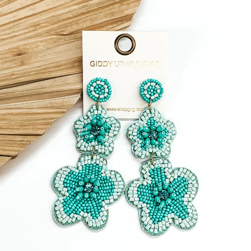 Women’s heart-shaped stud earrings-Beaded Two Tiered Flower Earrings in Turquoise Blue