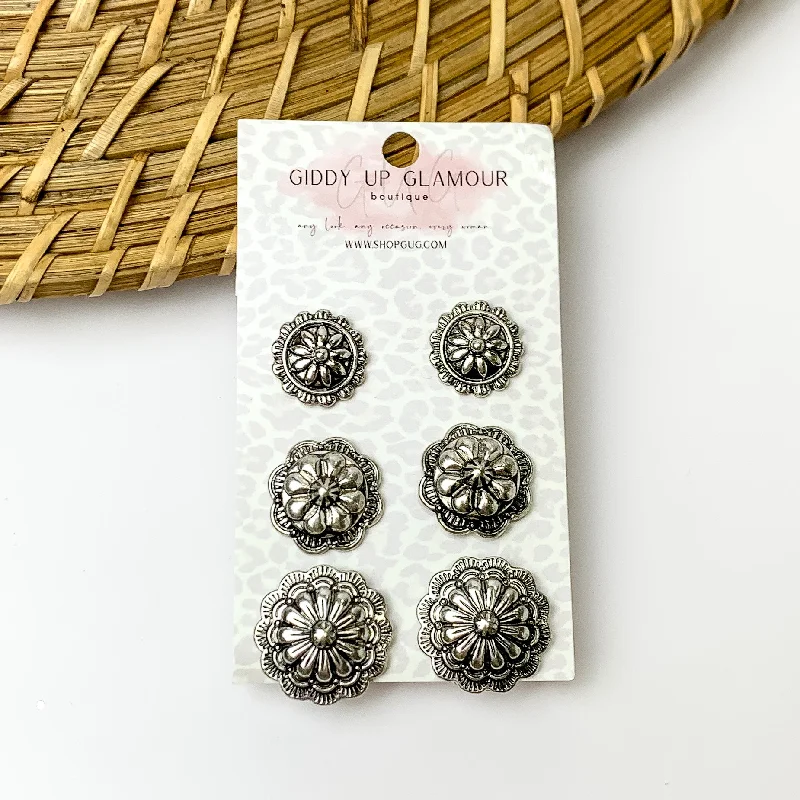 Women’s eco-friendly earrings-Set Of Three | Multiple Silver Tone Designed Circular Stud Earrings