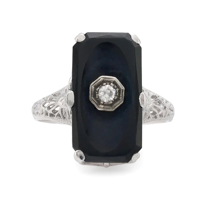 Women’s gemstone rings-Art Deco old European cut diamond onyx 14k white gold ring