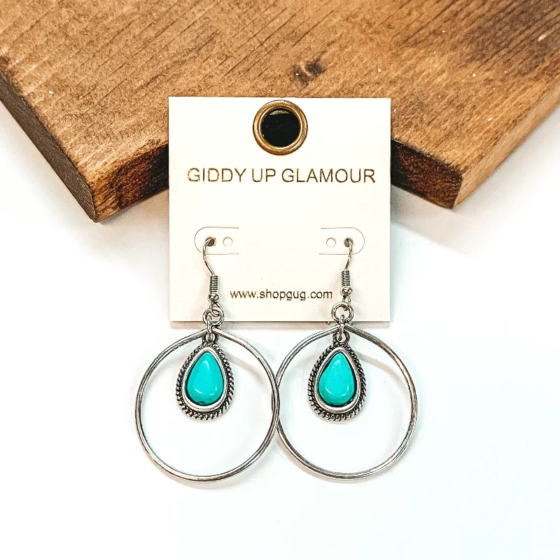 Women’s silver earrings-Circle Drop Silver Earrings with Hanging Teardrop Pendant in Turquoise