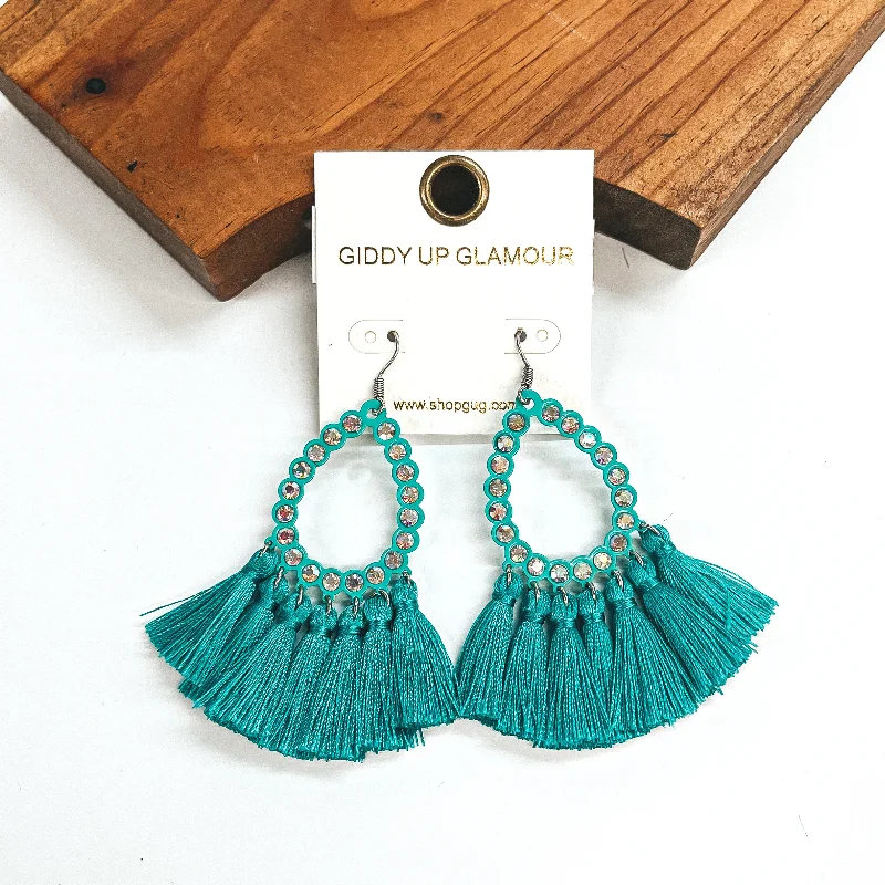 Women’s big statement earrings-Small AB Crystal Teardrop Earrings with Tassel Trim in Turquoise