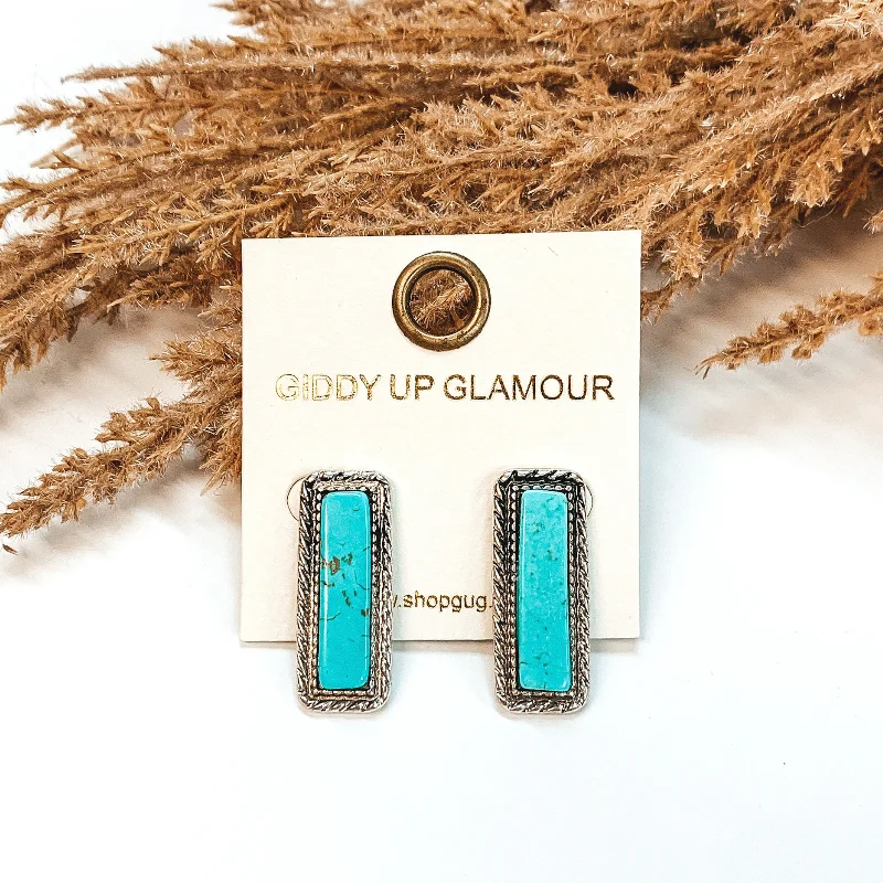 Women’s gold hoop earrings-Post Back Stud Earrings with Rectangle Stone in Turquoise